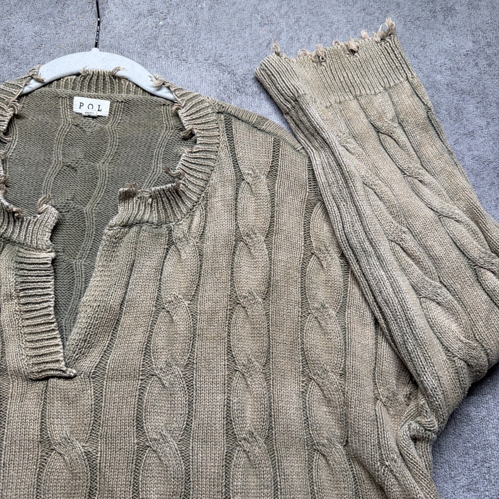 Womens Brown Cable Knit Distressed‎ Sweater Raw Hem Chunky Pullover Medium